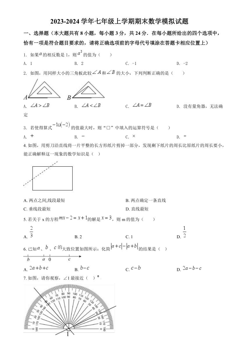 江苏省扬州市邗江区2023—2024学年七年级上学期期末数学模拟试题（无答案）