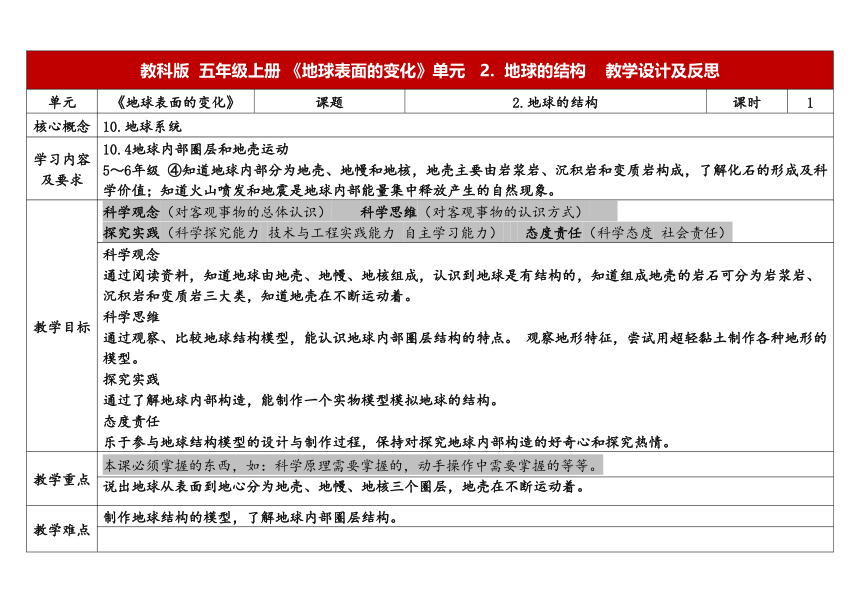 教科版五年级科学上册 2-2《地球的结构》（表格式教案）