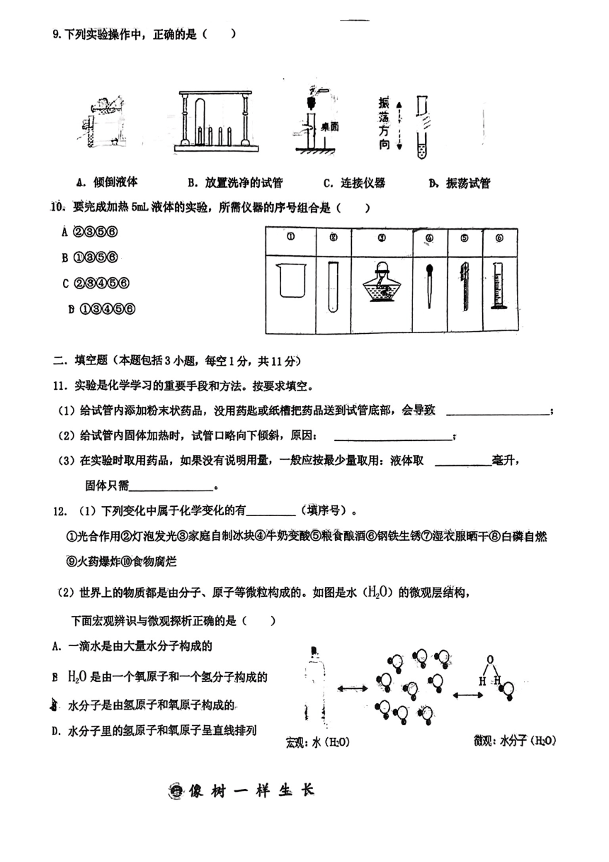 山东省淄博市张店区重庆路中学2023-2024学年八年级上学期10月月考化学试题（图片版无答案）