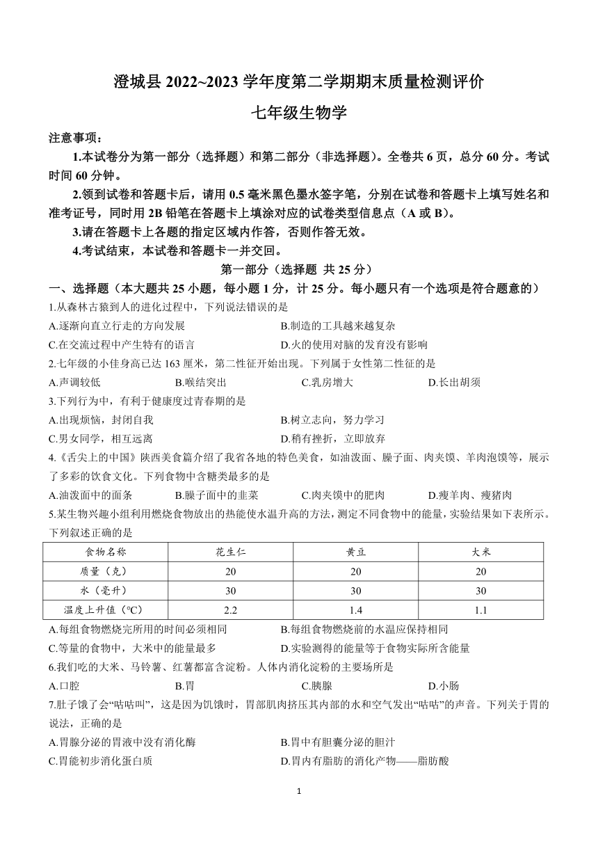 陕西省渭南市澄城县2022-2023学年七年级下学期期末生物试题(无答案)