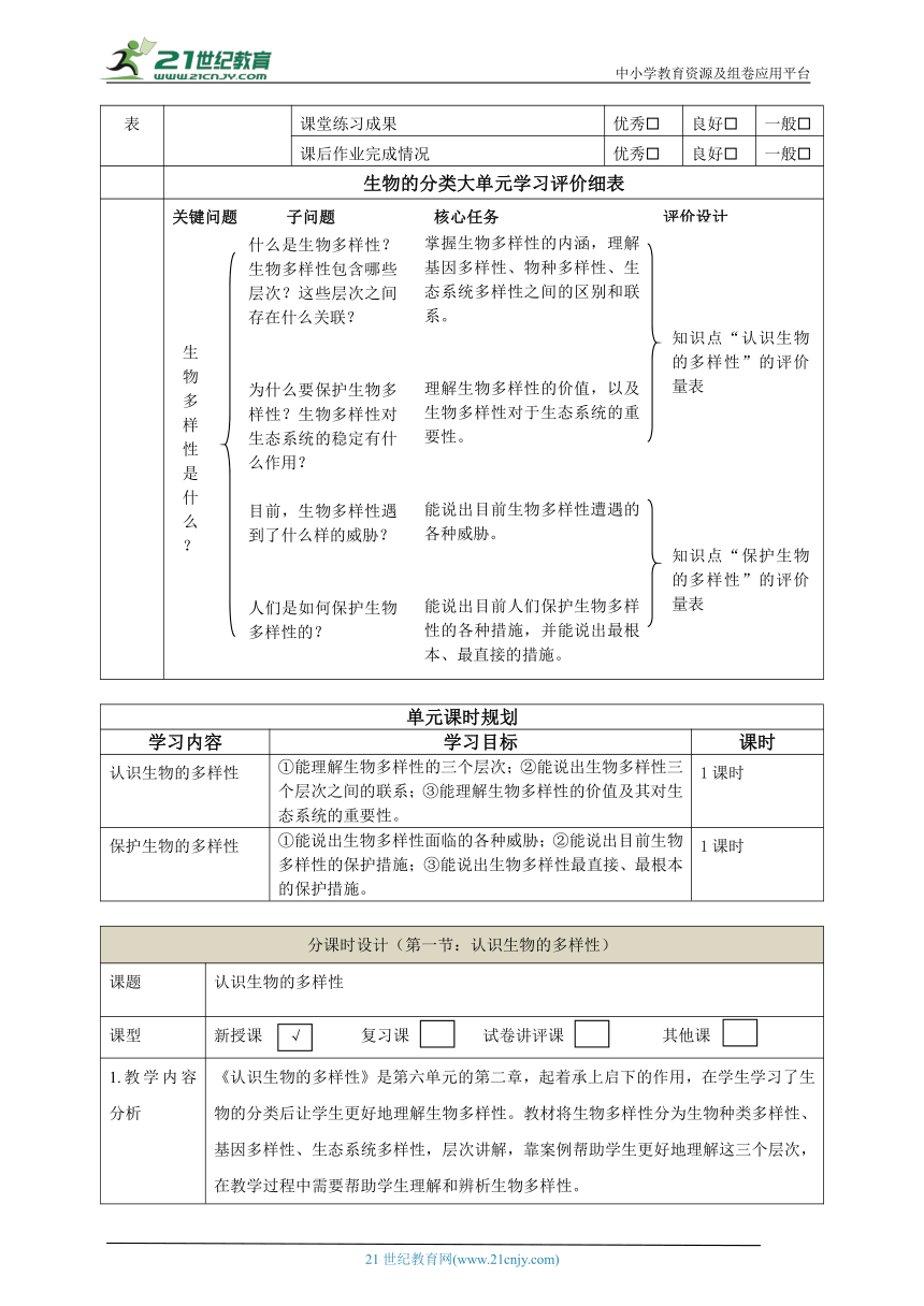 【大单元教学】生物多样性主题大单元整体教学设计+教案1认识生物多样性--人教版生物八上第六单元