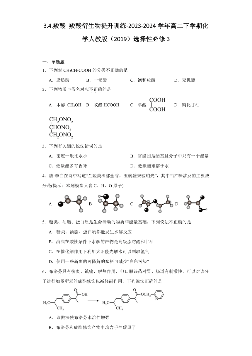 3.4羧酸 羧酸衍生物 （含解析）提升训练 2023-2024学年高二下学期化学人教版（2019）选择性必修3