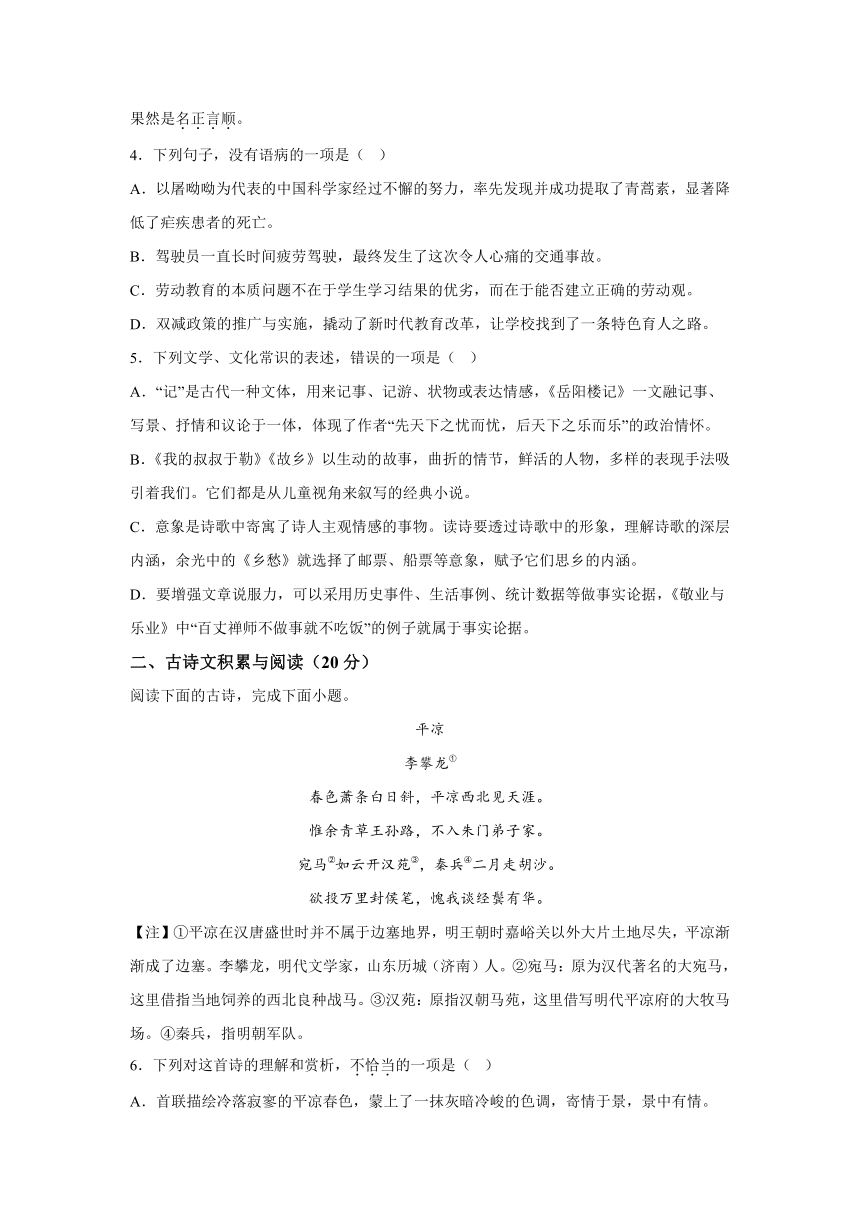 山东省济宁市泗水县2023-2024学年九年级上册期中语文试题（含解析）