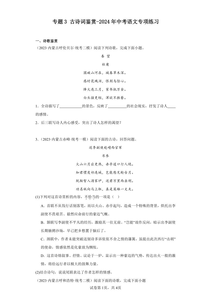 专题3 古诗词鉴赏 2024年中考语文专项练习（内蒙古专用）（含解析）