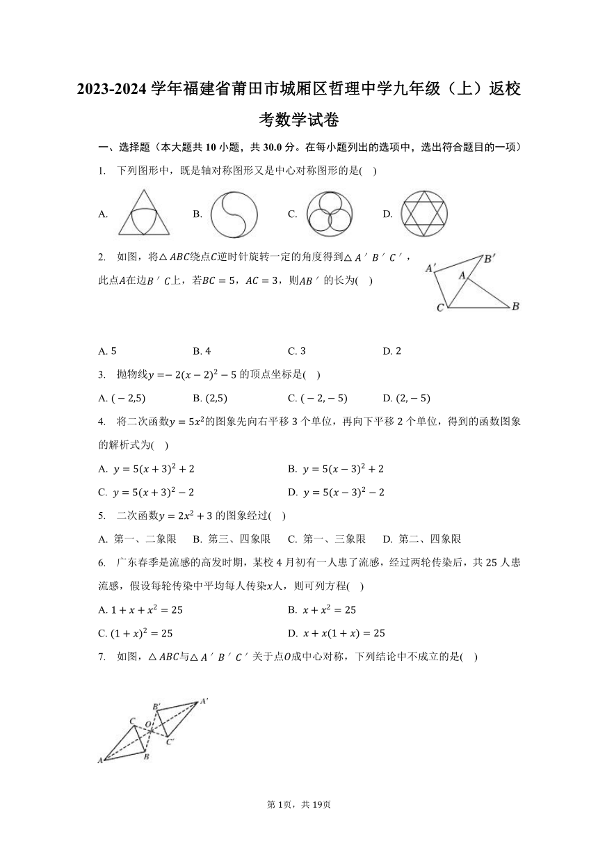 2023-2024学年福建省莆田市城厢区哲理中学九年级（上）返校考数学试卷（含解析）