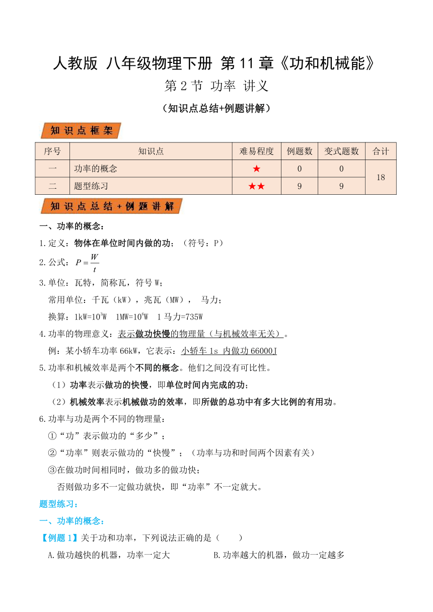 人教版八年级物理下册11.2功率（讲义）学生版+教师版（含解析）