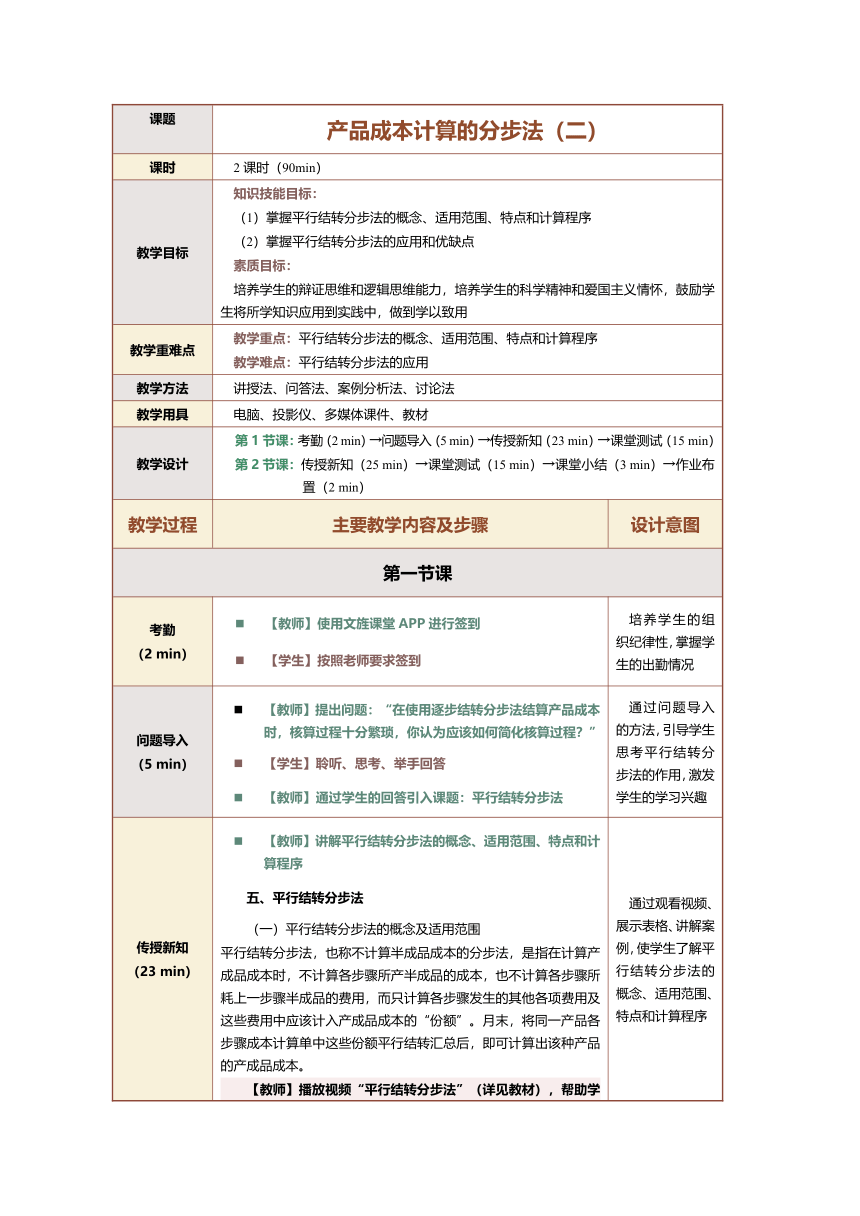 第14课产品成本计算的分步法（二） 教案（表格式）《成本会计实务》（江苏大学出版社）