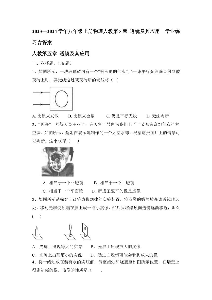 2023—2024学年八年级上册物理人教第5章 透镜及其应用  学业练习（含答案）