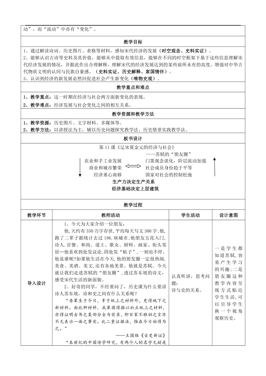第11课 辽宋夏金元的经济与社会 教学设计（表格式）高中历史统编版（部编版）必修 中外历史纲要（上）