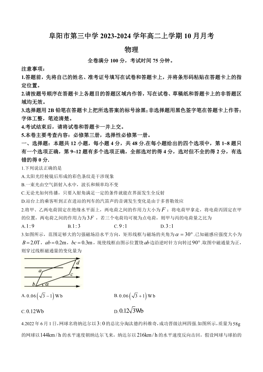 安徽省阜阳市第三中学2023-2024学年高二上学期10月月考物理试题（含解析）