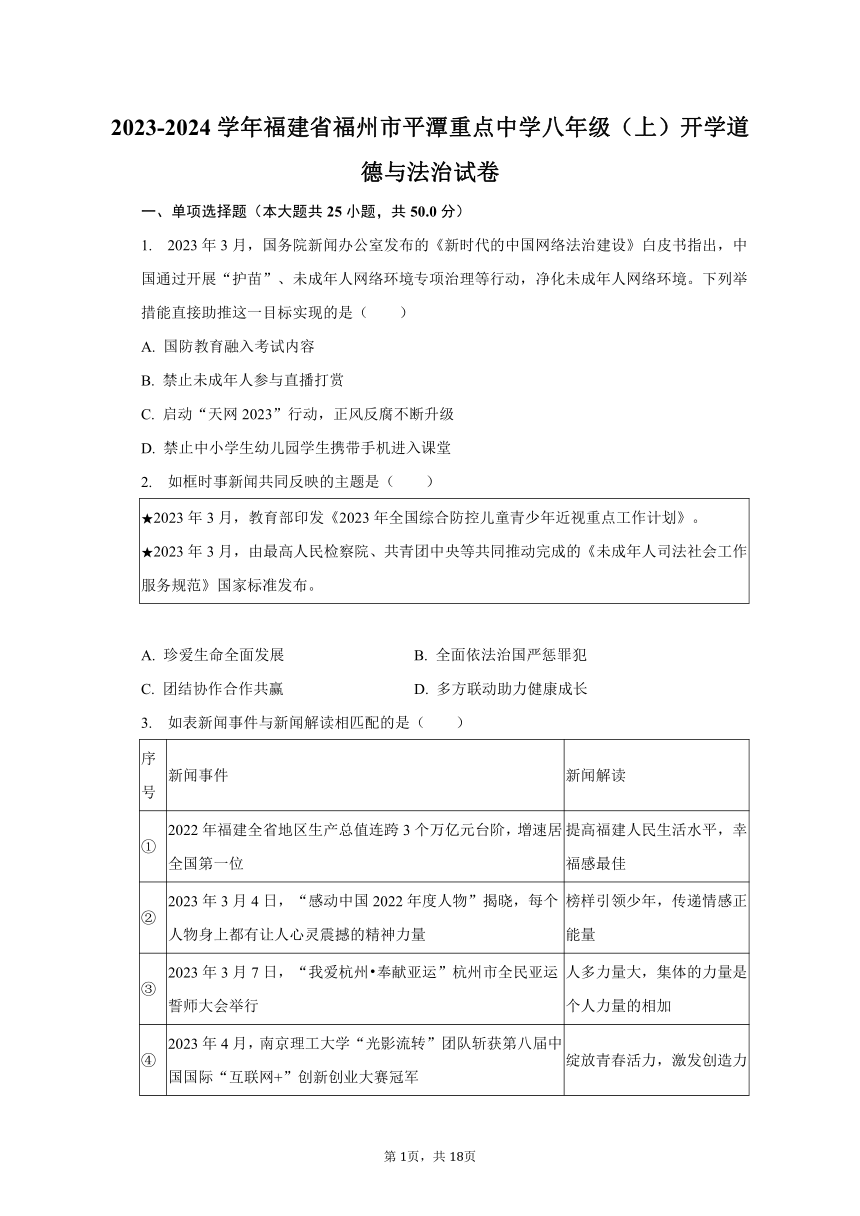 2023-2024学年福建省福州市平潭重点中学八年级（上）开学道德与法治试卷（含解析）