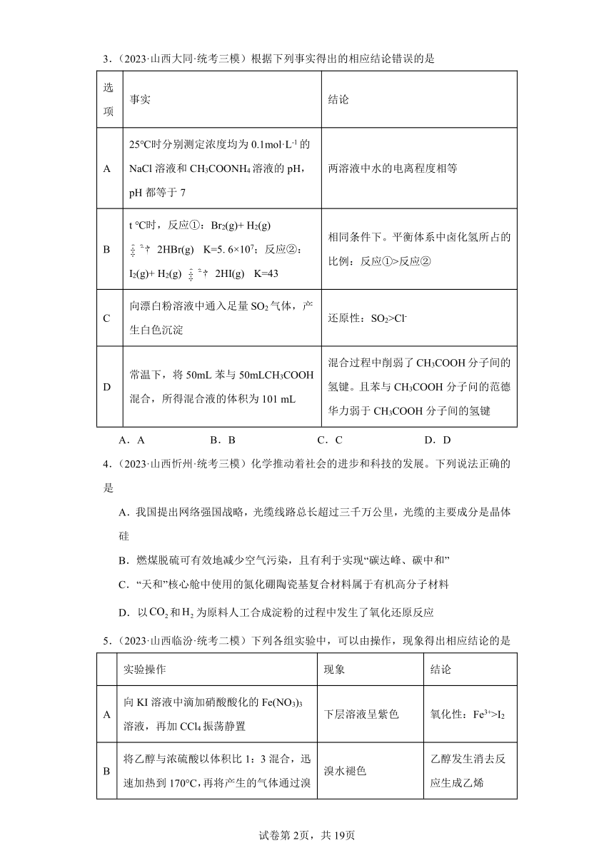 山西高考化学三年（2021-2023）模拟题汇编-03氧化还原反应（含解析）