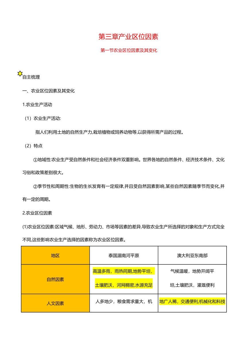 3.1节农业区位因素及其变化-人教版（2019）高中地理必修第二册 学案（含答案）