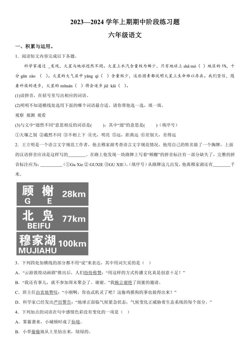 河南省周口市西华县2023-2024学年（五四学制）六年级上册期中语文试题（含解析）