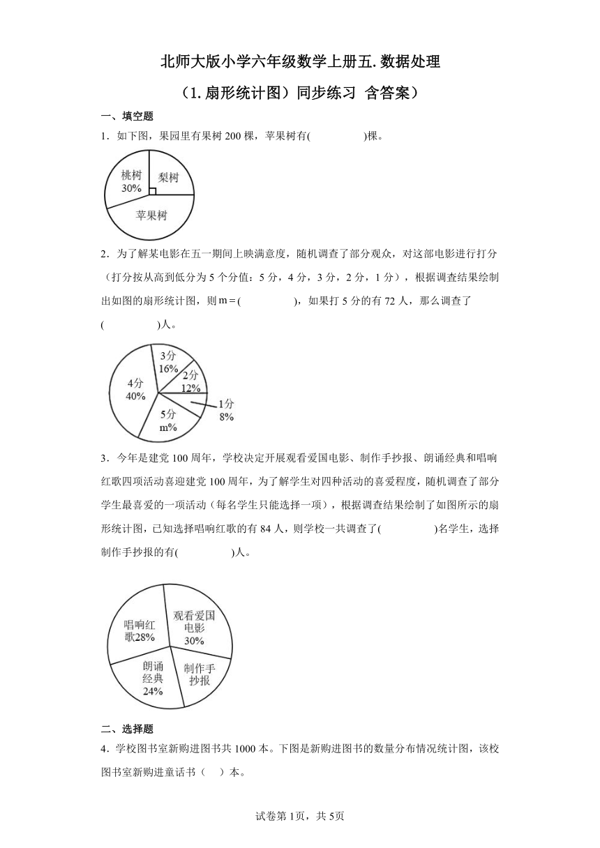 北师大版小学六年级数学上册五.数据处理 1.扇形统计图 同步练习 （含答案）