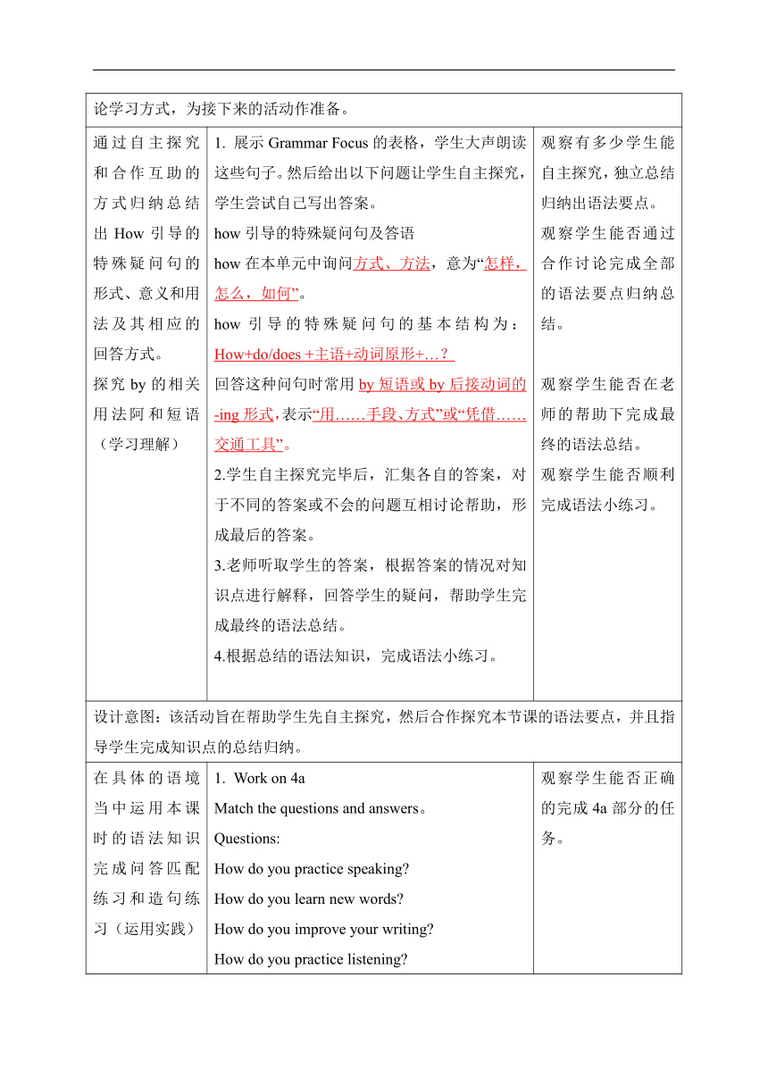 Unit 1 How can we become good learners.   Section A Grammar Focus-4c 教案 （表格式）