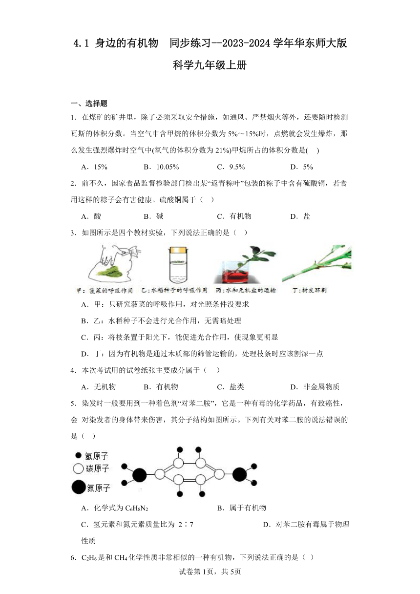 4.1 身边的有机物  同步练习--2023-2024学年华东师大版科学九年级上册（含答案）