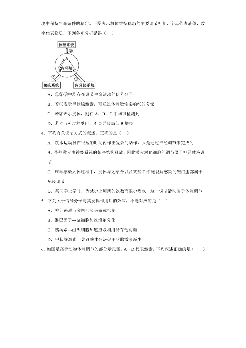 4.6 神经一内分泌一免疫调节网络 检测题（有解析）2023-2024学年高中生物学北师大（2019）选择性必修第一册