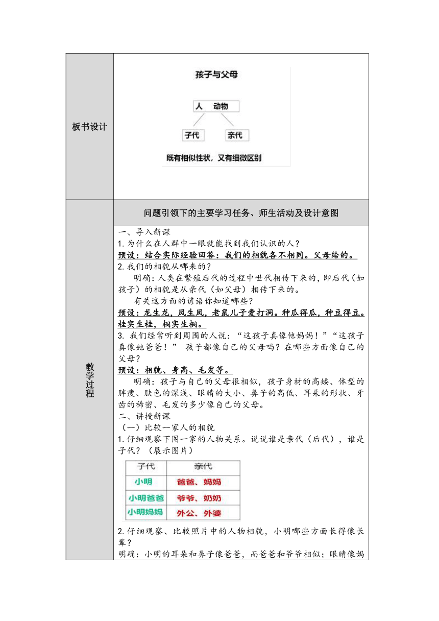 人教鄂教版小学科学五年级上册二单元5课《孩子与父母》 教案 （表格式）