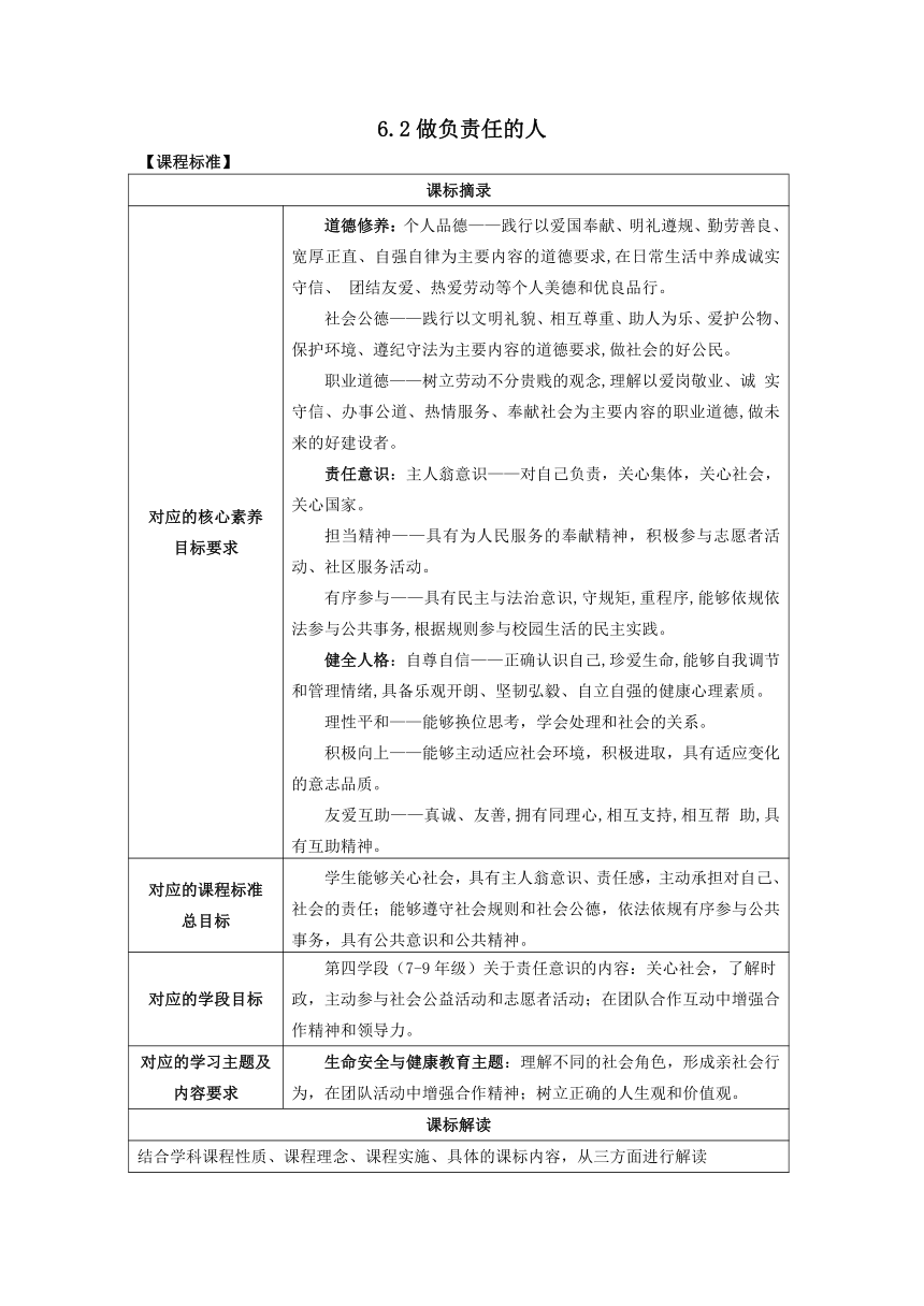 （核心素养目标）6.2做负责任的人 教案（表格式）