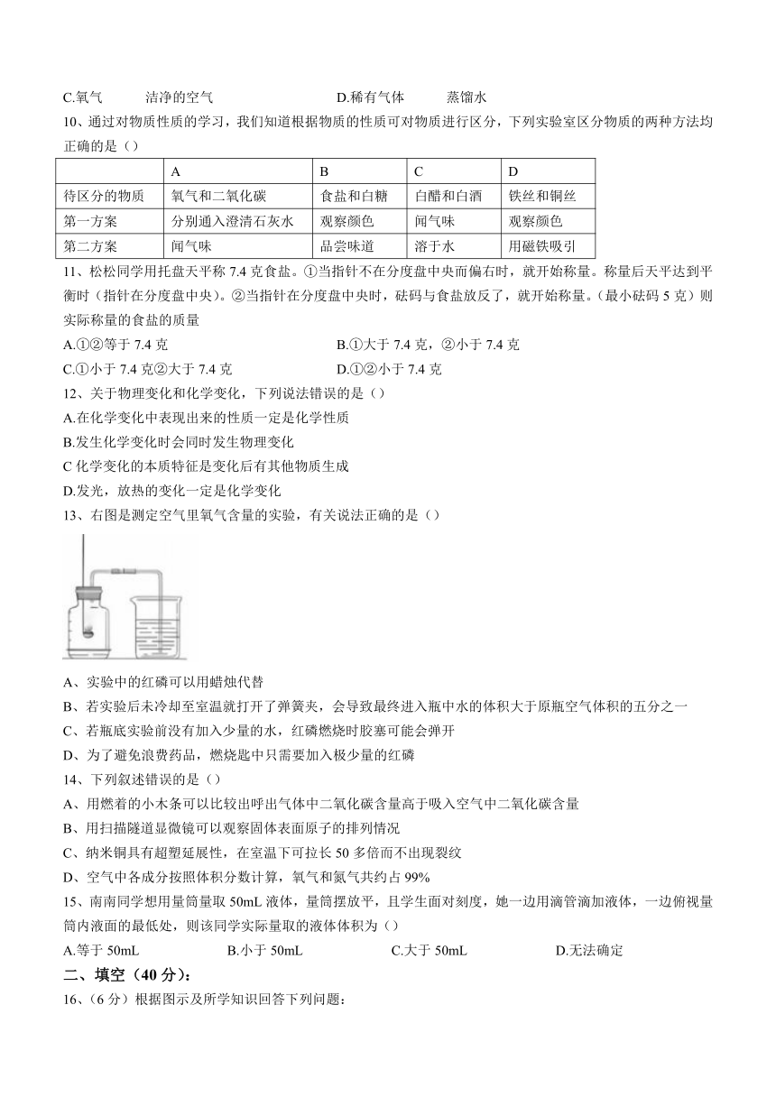 黑龙江省哈尔滨市道里区松南学校2023-2024学年八年级上学期10月考化学试题( 含答案)