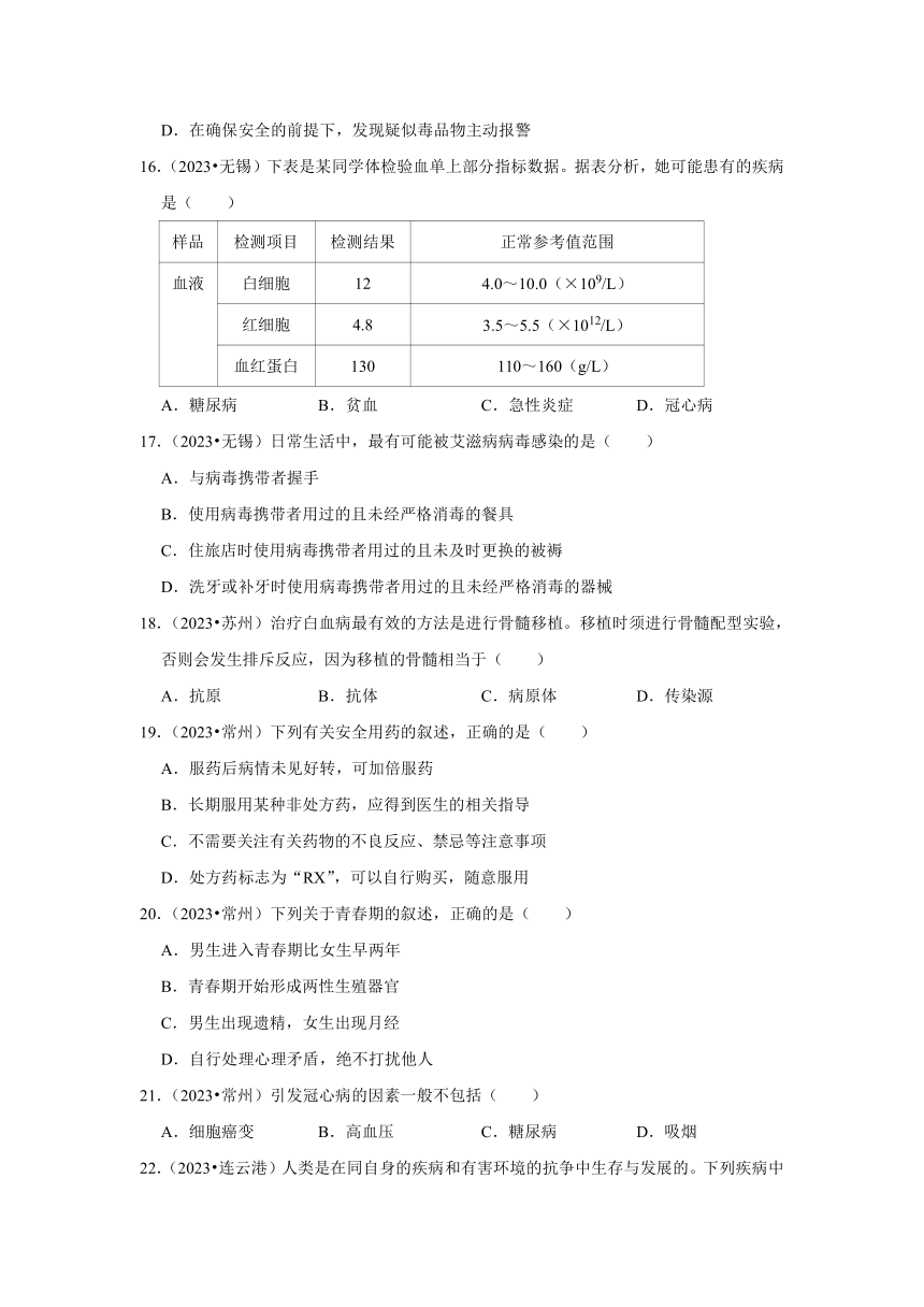 专题7人体健康——2022-2023年江苏省中考生物试题分类（含解析）