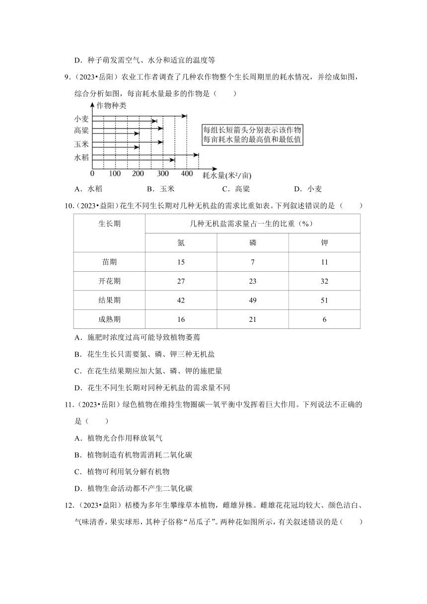 专题3绿色植物——2022-2023年湖南省中考生物试题分类（含解析）