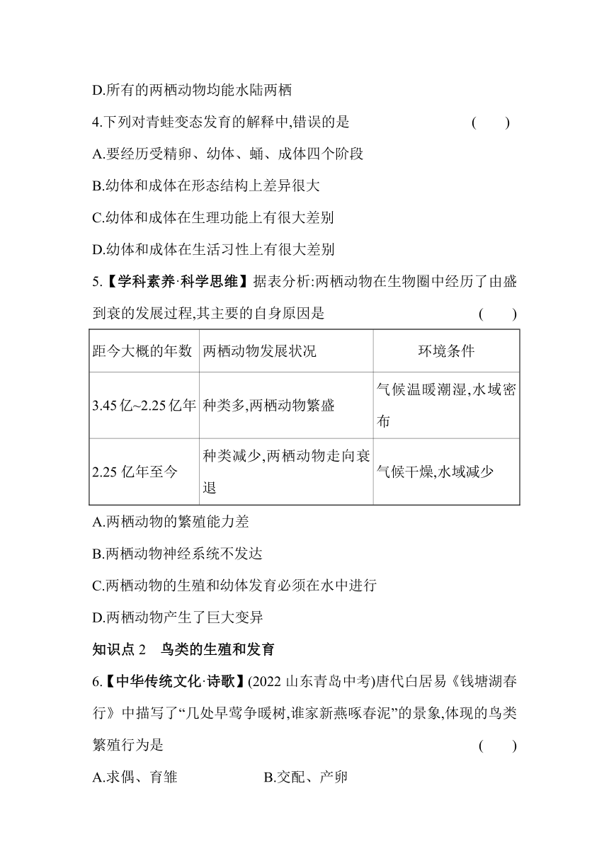 10.2.2两栖动物、鸟类的生殖和发育素养提升练（含解析）北京版生物八年级上册