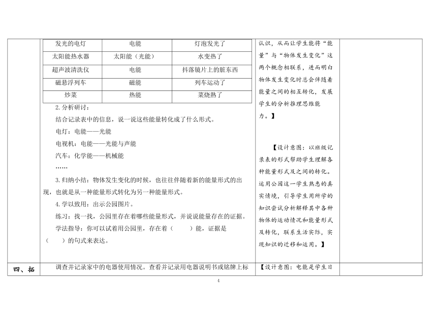 教科版六年级科学上册 第1课《各种形式的能量》（表格式教案）