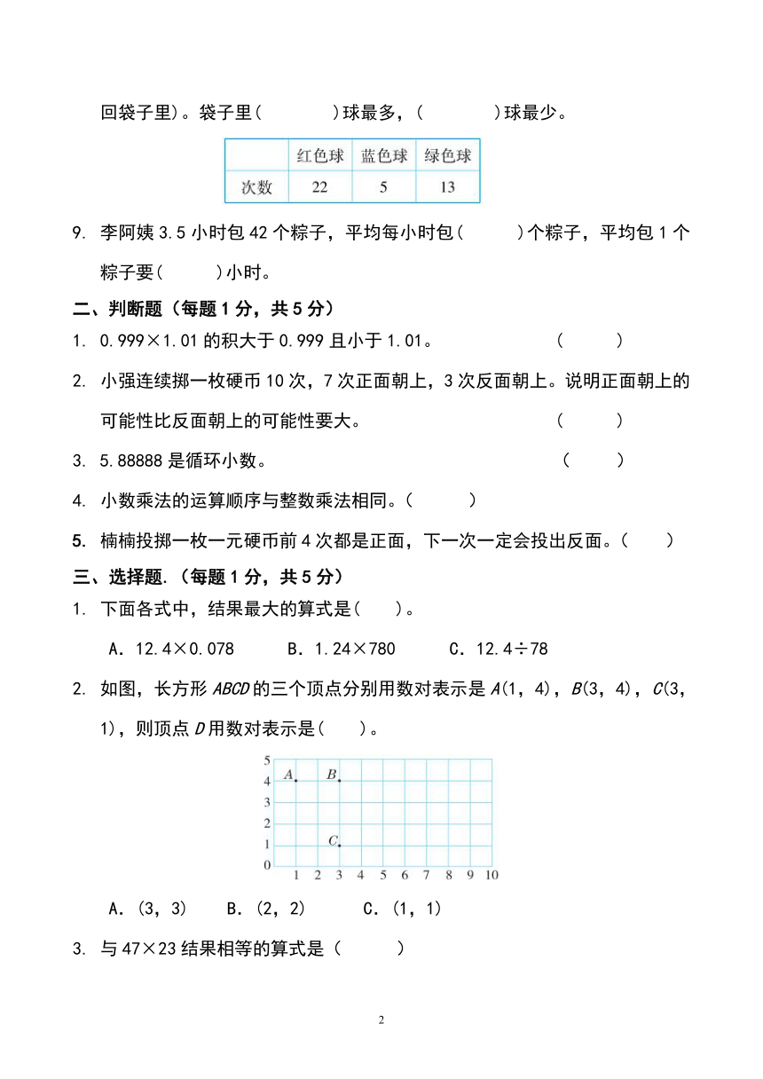 人教版五年级数学上册期中质量监测卷（无答案）（5）