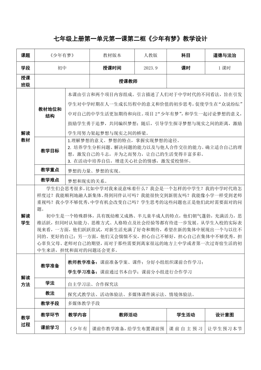 1.2少年有梦 教案（表格式）