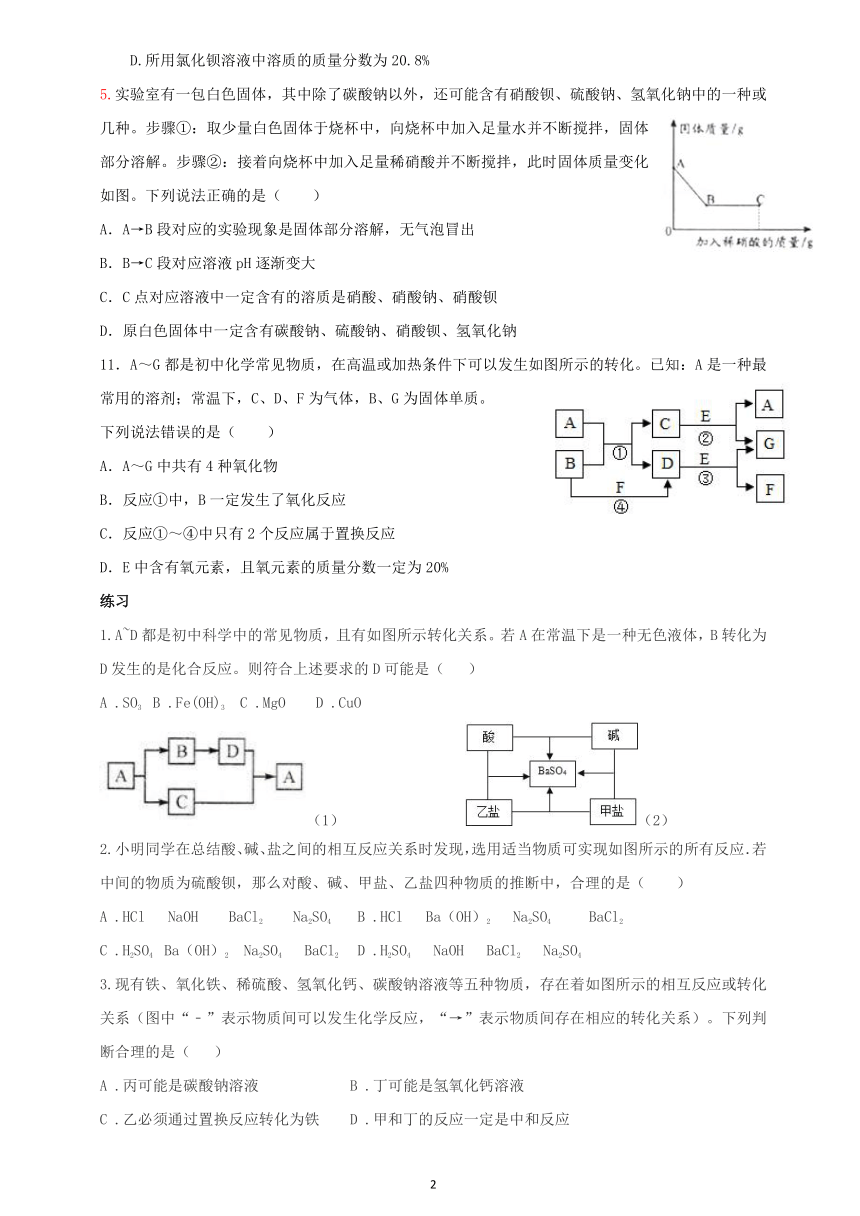 九年级上册科学专题七——物质转化和推断专题（含答案）