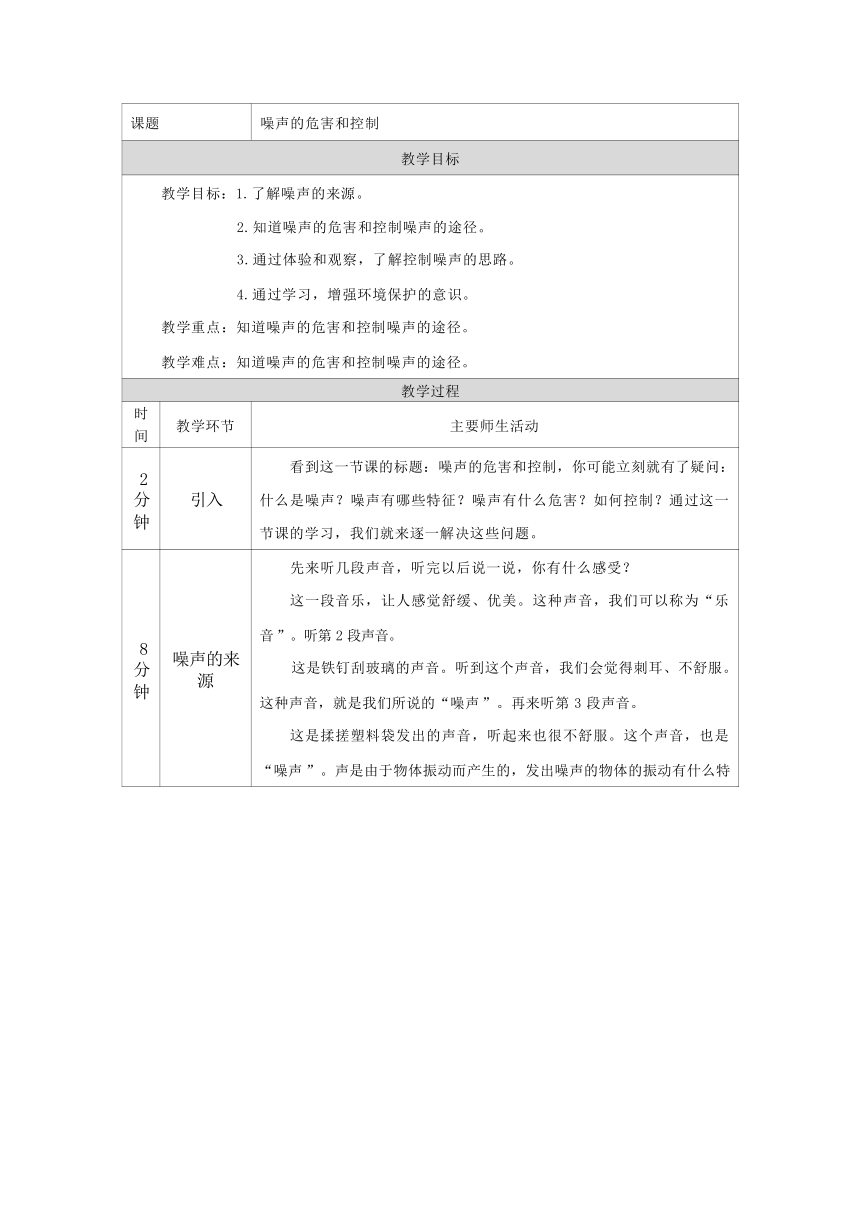 2.4 噪声的危害和控制 教学设计（表格式）