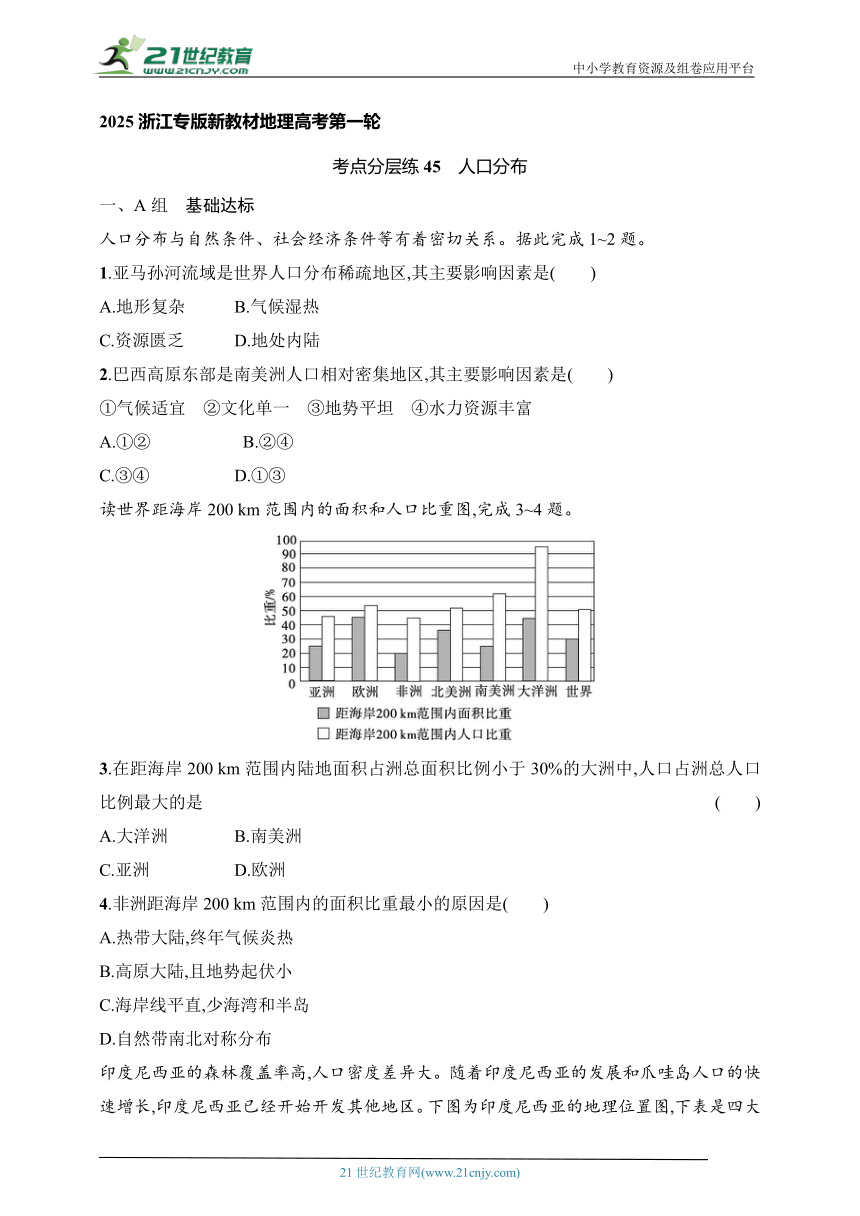 2024浙江专版新教材地理高考第一轮基础练--考点分层练45　人口分布（含解析）