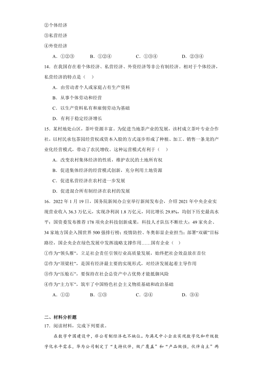 1.1公有制为主体多种所有制经济共同发展同步练习-2023-2024学年高中政治统编版必修二（含答案）