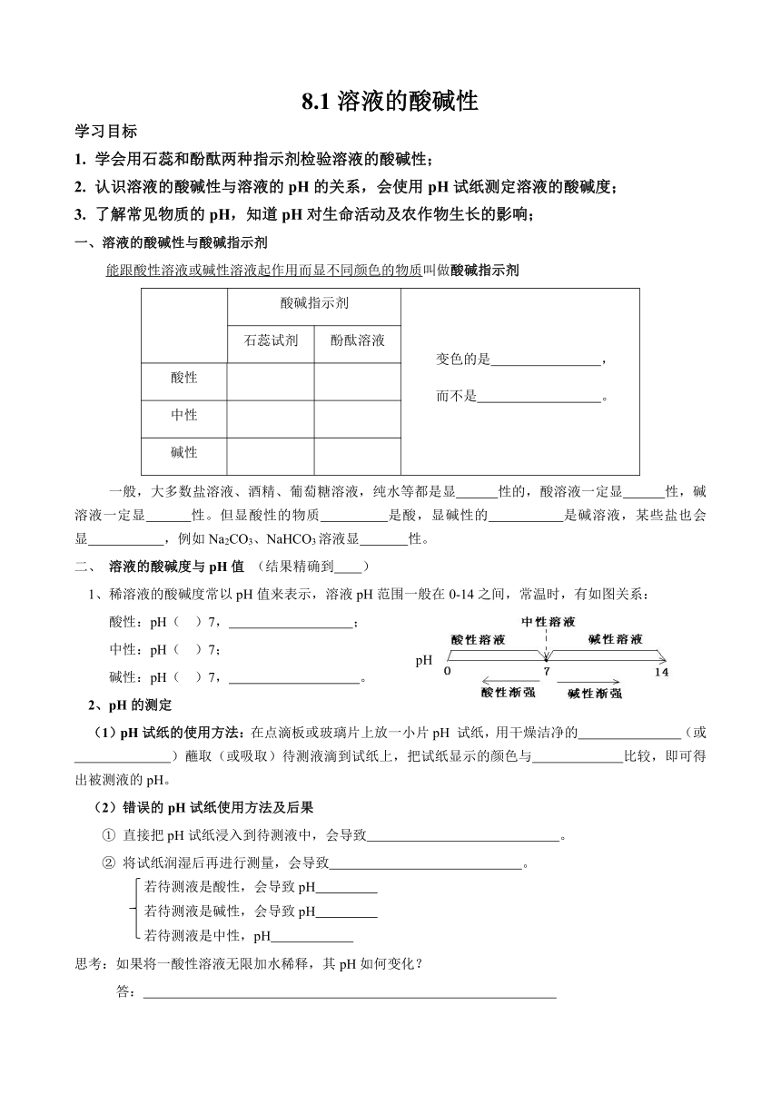 科粤版九年级化学下册第8章常见的酸碱盐第1节溶液的酸碱性学案