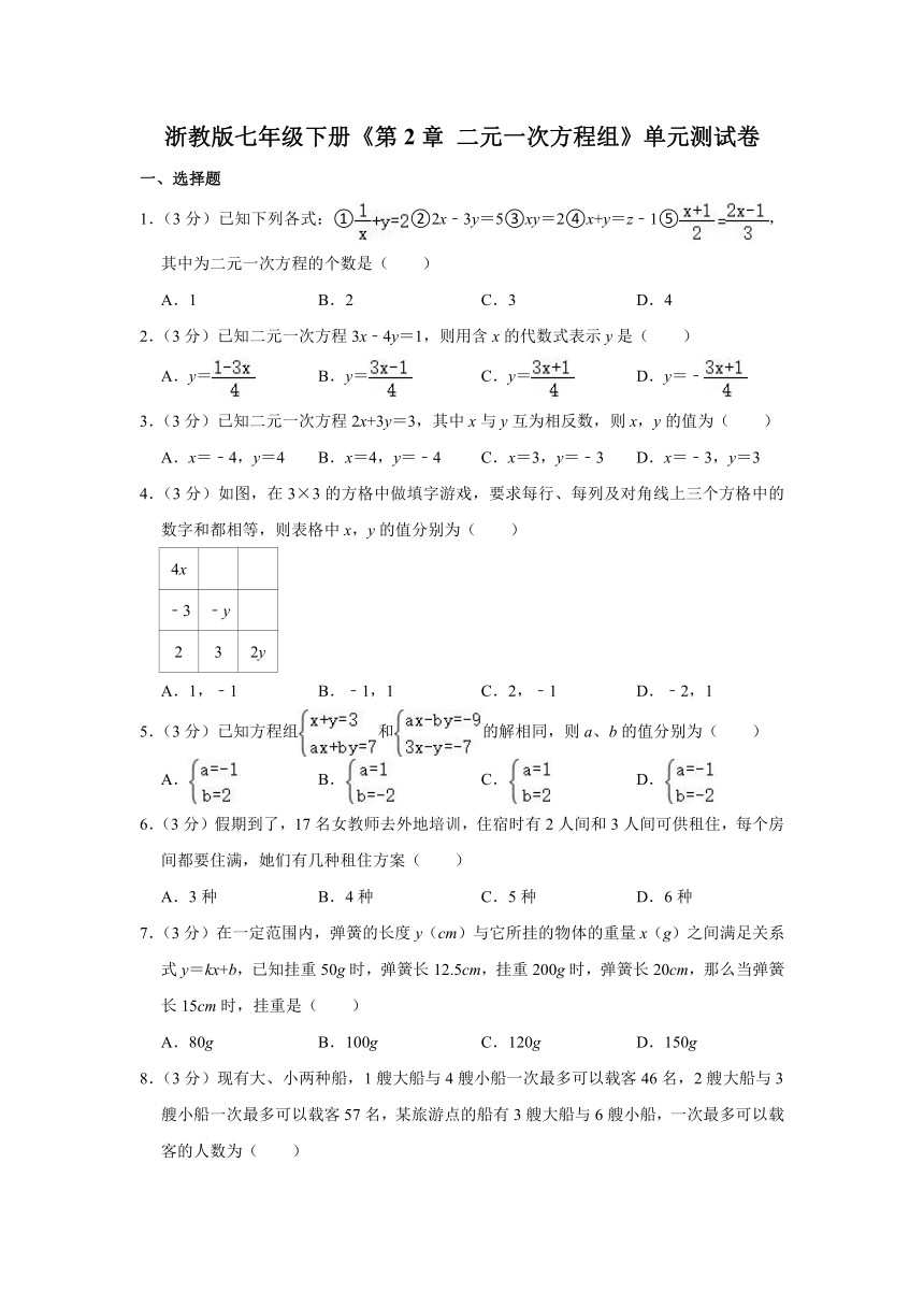 浙教版七年级下册《第2章 二元一次方程组》单元测试卷（含解析）