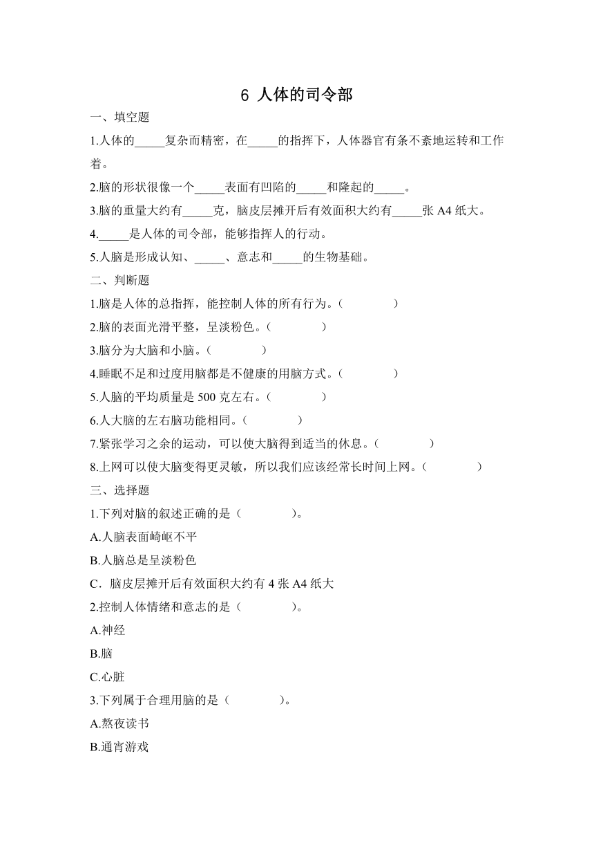 冀人版（2017秋）科学五年级上册6《人体的司令部》同步精练（含答案）