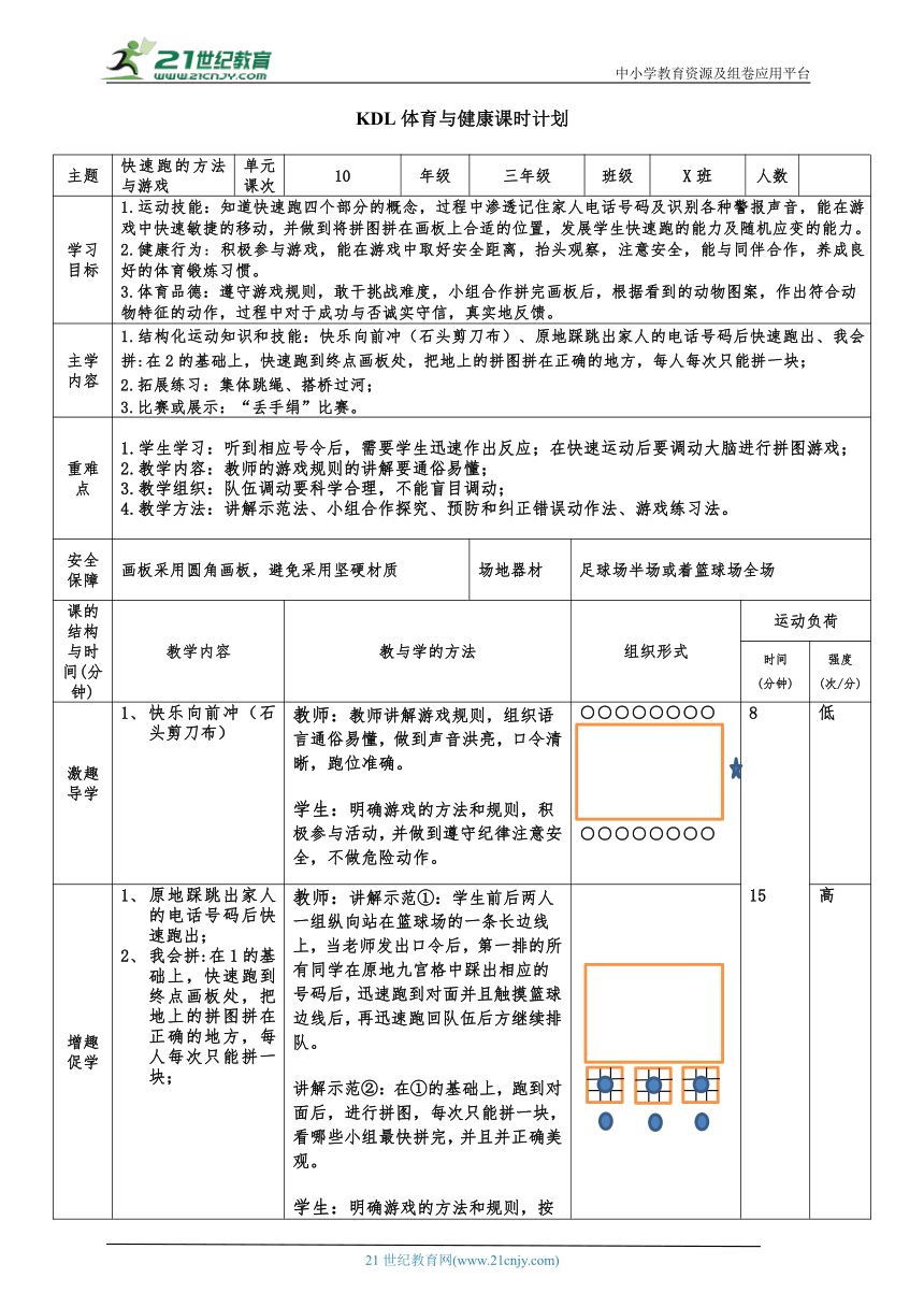 小学体育与健康三年级 10.快速跑（快速跑的方法与游戏）大单元课时教案