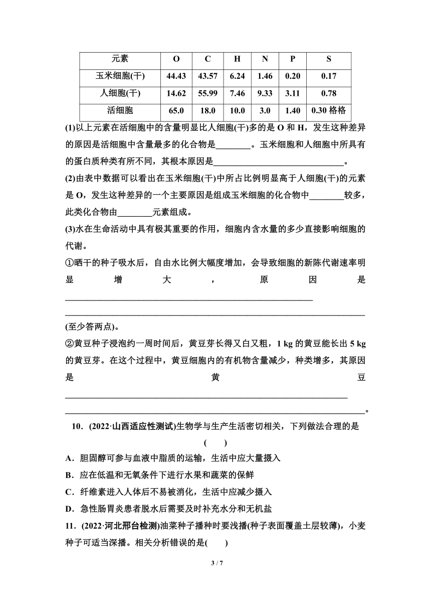 人教版（2019)高中生物一轮复习检测题：专题2 细胞中的无机物、糖类和脂质（含解析）