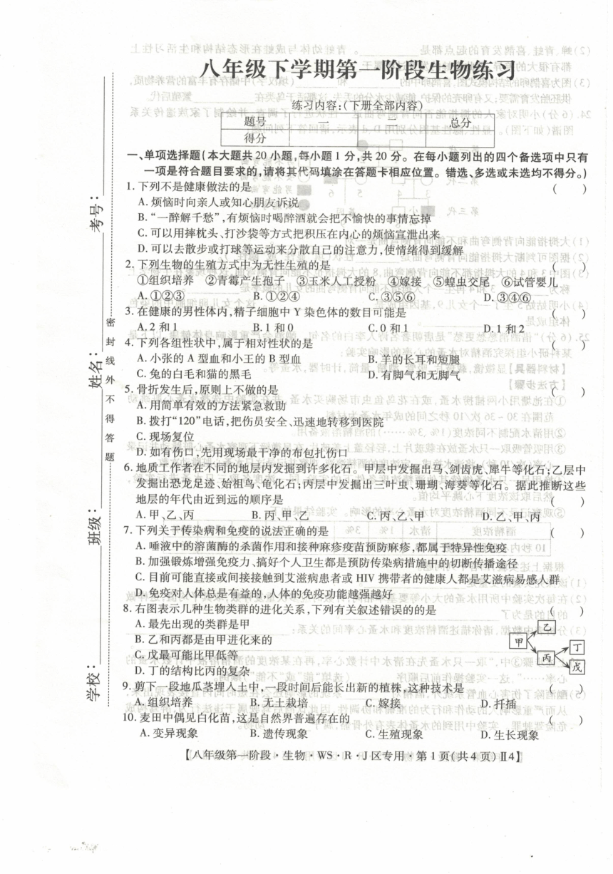 江西省上饶市余干县第五中学2023-2024学年八年级下学期3月份月考生物试卷（PDF版无答案）