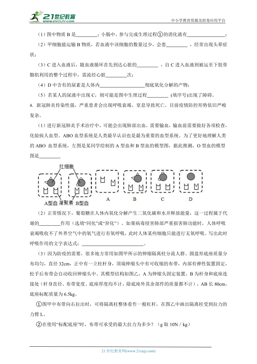 浙教版九上科学期末复习专题：第4章 代谢与平衡优生突击训练（解答题）（含答案）