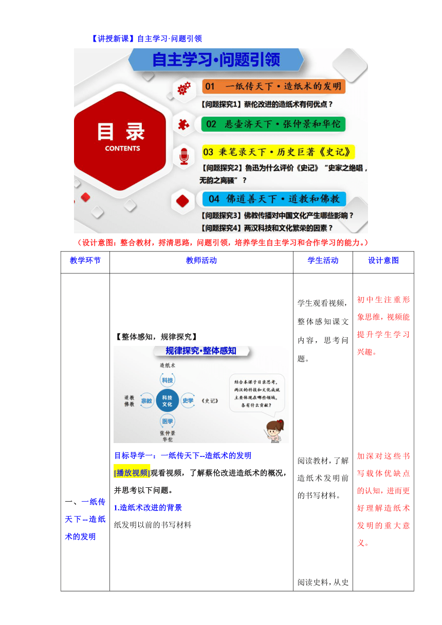 七年级历史上册（部编版）第15课两汉的科技和文化  教学设计（表格式）