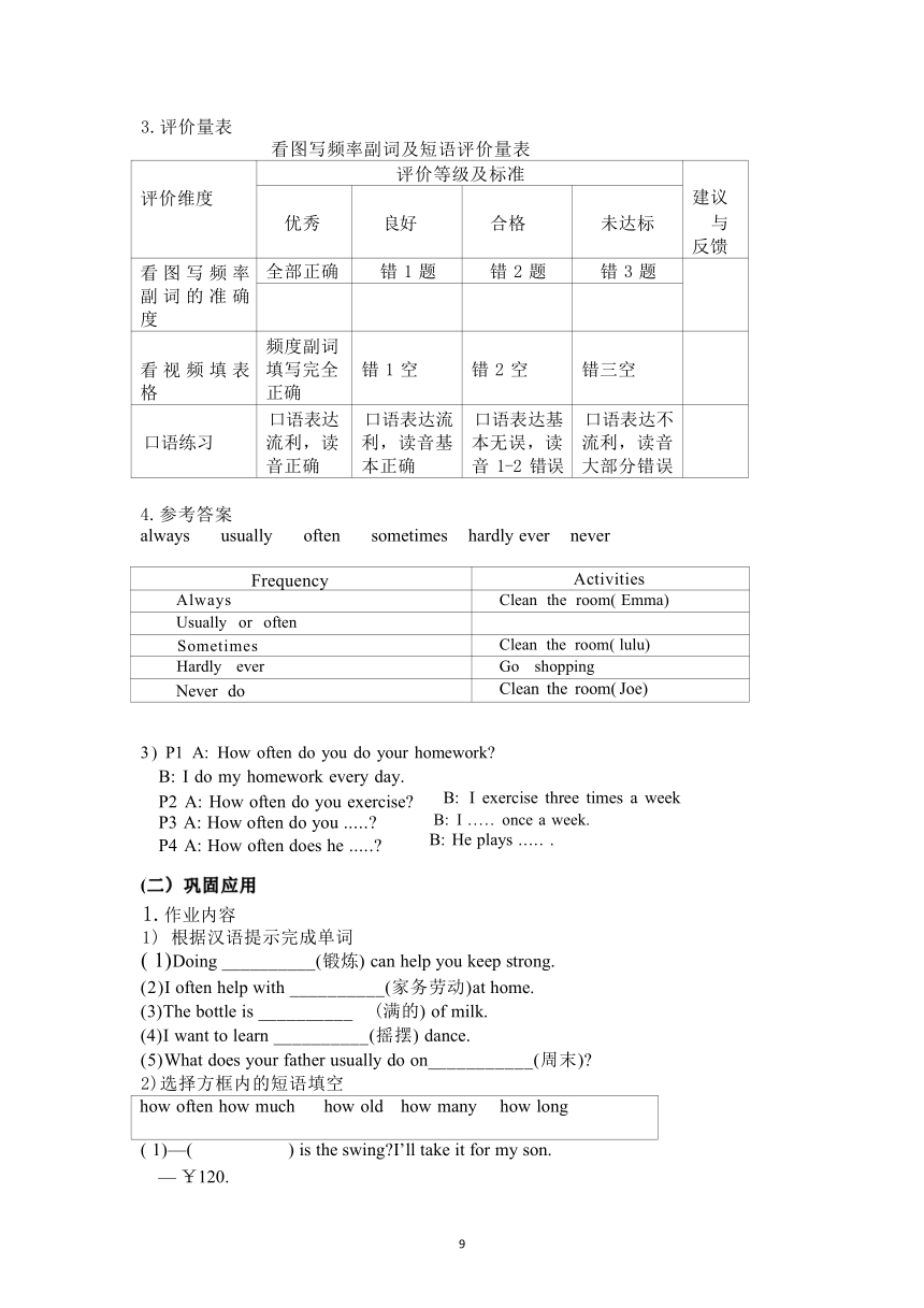 Unit 2 How often do you exercise单元作业设计（共5课时）人教版英语八年级上册