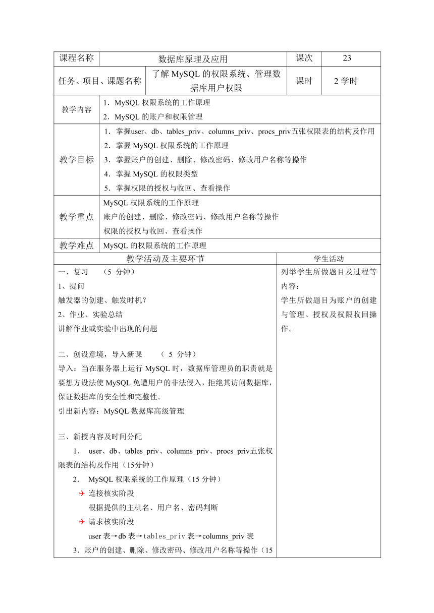 中职《MySQL数据库原理及应用（第3版）》（人邮版·2021）23：了解MySQL的权限系统、管理数据库用户权限 同步教案（表格式）