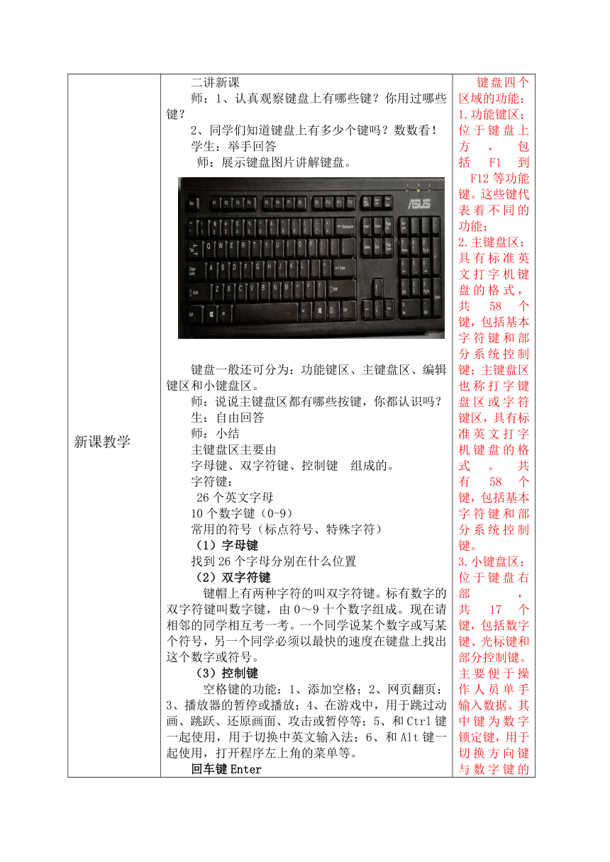 第6课 认识键盘 教学设计（表格式） 三年级上册信息科技黔教版（2022）