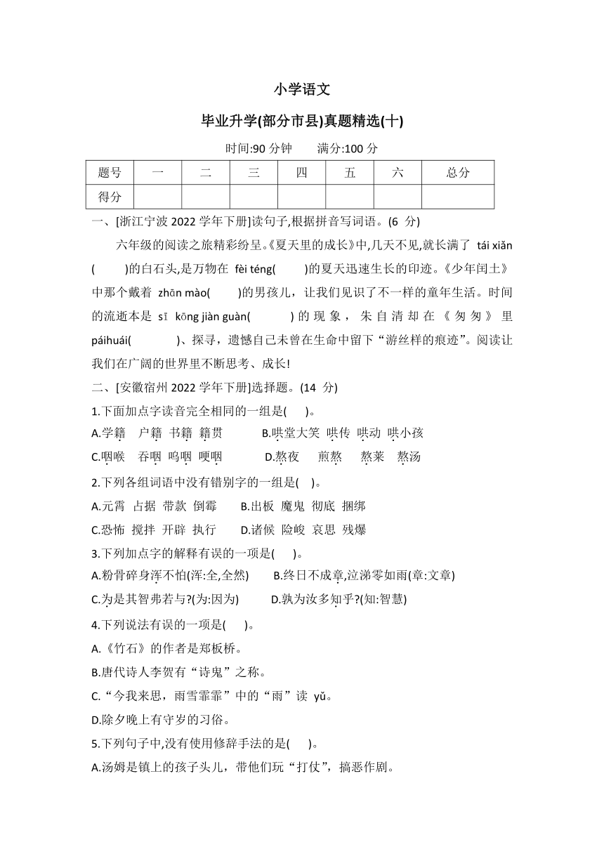 统编版语文六年级下册 毕业升学(部分市县)真题精选(十)(有答案)