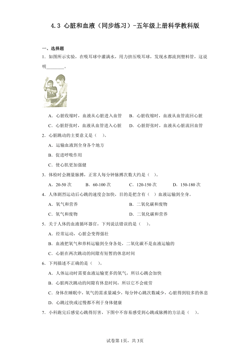 4.3心脏和血液（同步练习）（含解析）-五年级上册科学教科版