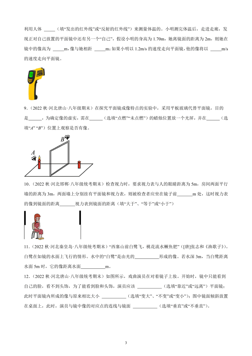 4.3 平面镜成像 同步练习（含解析） 2022－2023学年上学期河北省各地八年级物理期末试题选编