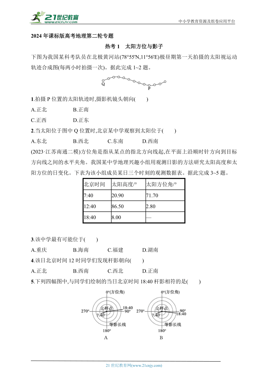 2024年课标版高考地理第二轮专题练习--热考1　太阳方位与影子(含答案)